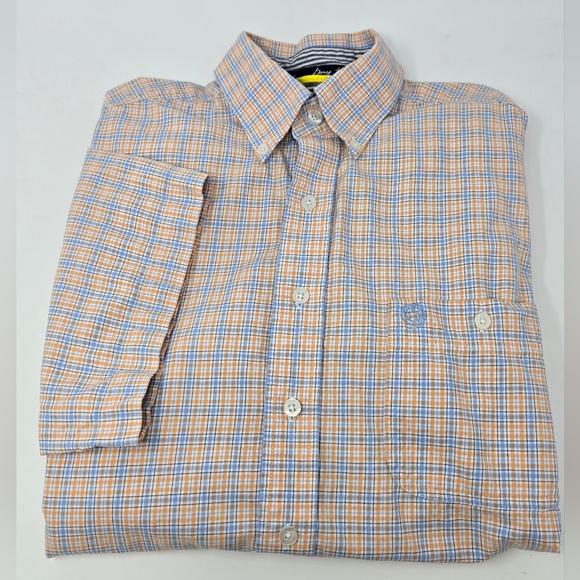WRANGLER X GEOEGE STRAIT ORANGE  BLUE PLAID SHORT SLEEVE BUTTON DOWN SHIRT MEN M - Picture 1 of 13
